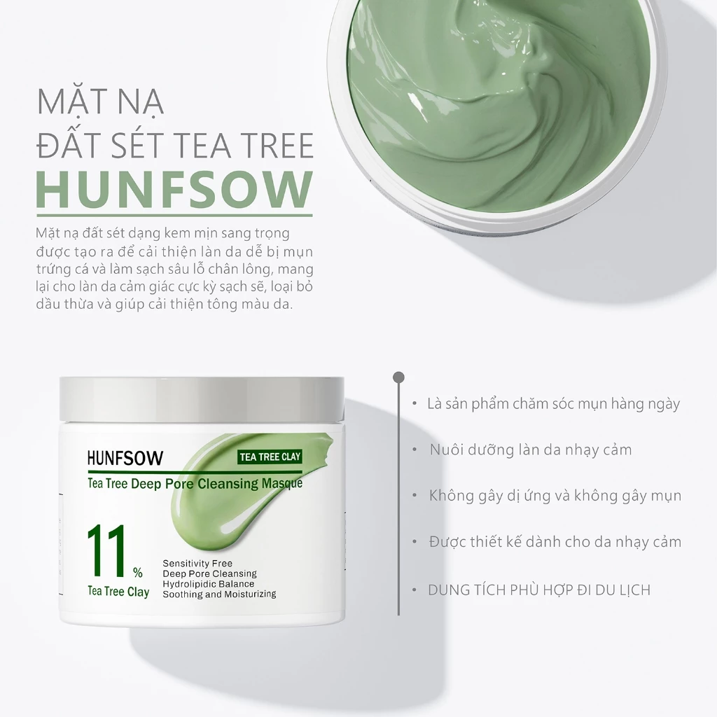 Mặt Nạ Đất Sét Trà Xanh Hunfsow Tea Tree Deep Pore Cleansing Masque Sáng Da Sạch Sâu 120g