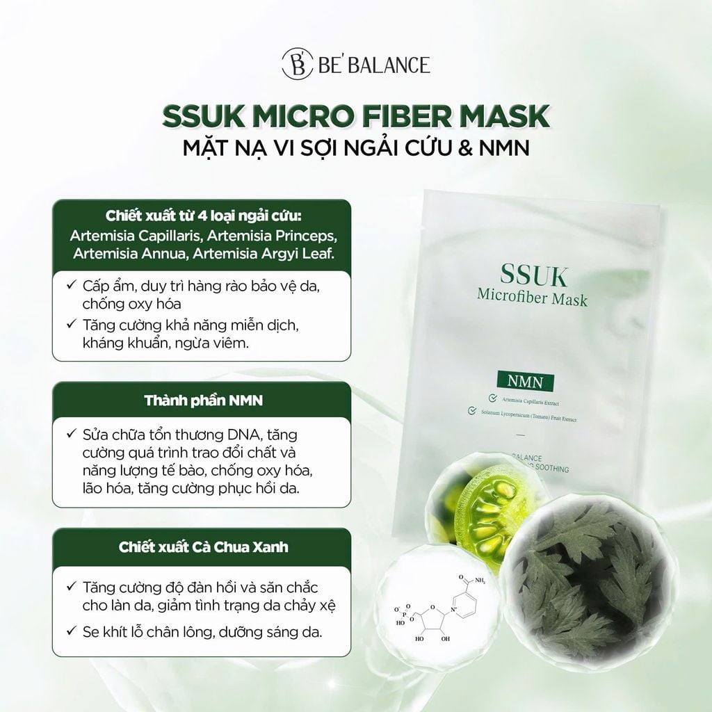 Mặt Nạ Vải Vi Sợi Be’Balance SSUK Microfiber Mask Ngải Cứu Cấp Ẩm, Làm Dịu, Chống Lão Hóa 30g