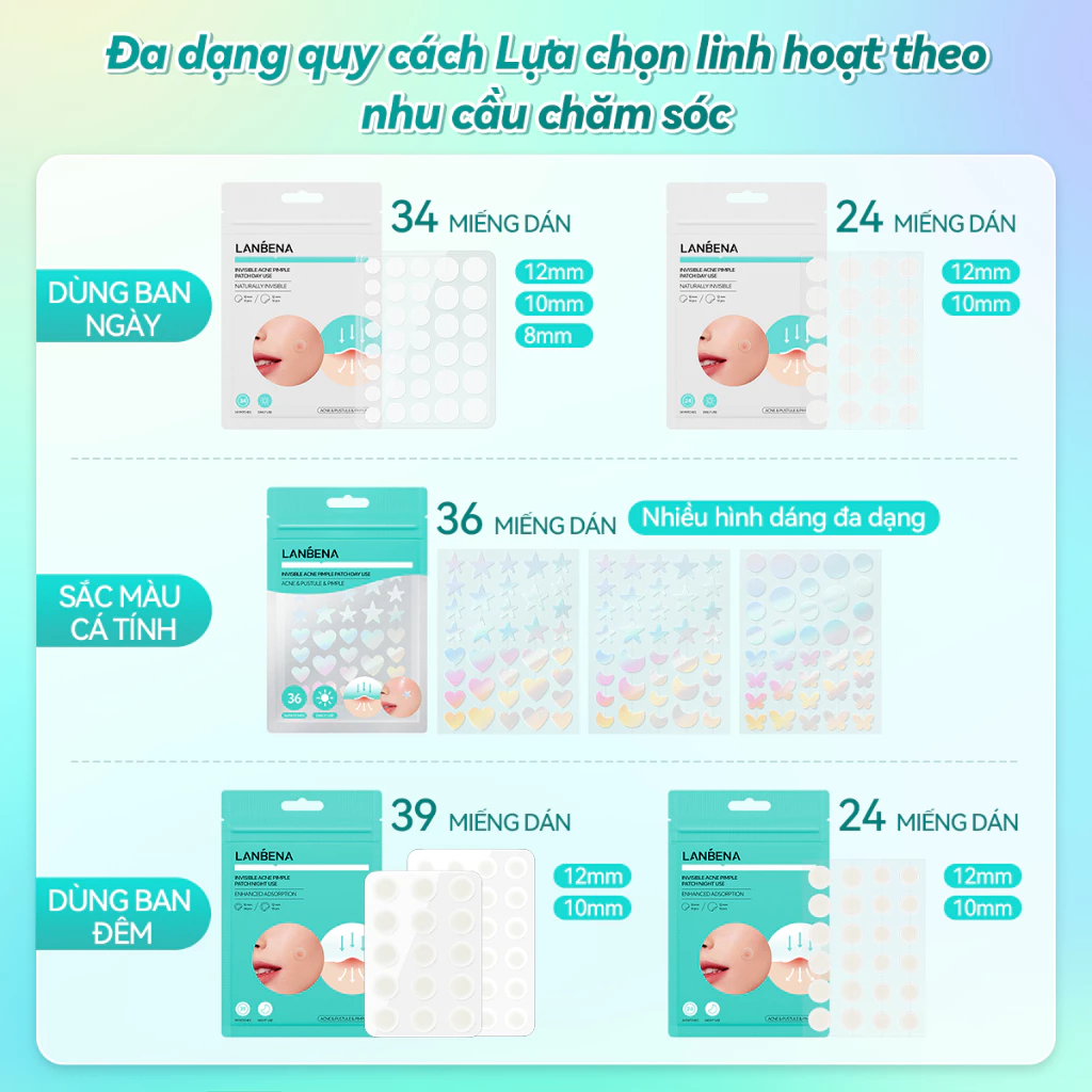Miếng Dán Mụn Lanbena Invisible Acne Pimple Patch Hỗ Trợ Giảm Mụn, Làm Dịu Da