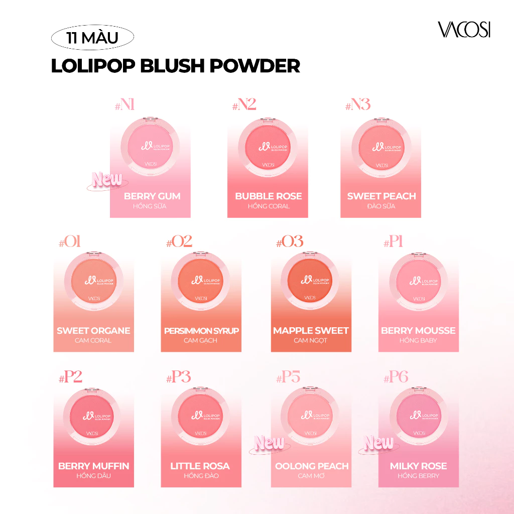 Phấn Má Hồng Vacosi Lolipop All Day Blush Powder VP14 Phấn Mịn, Trang Điểm Tự Nhiên 5.6g