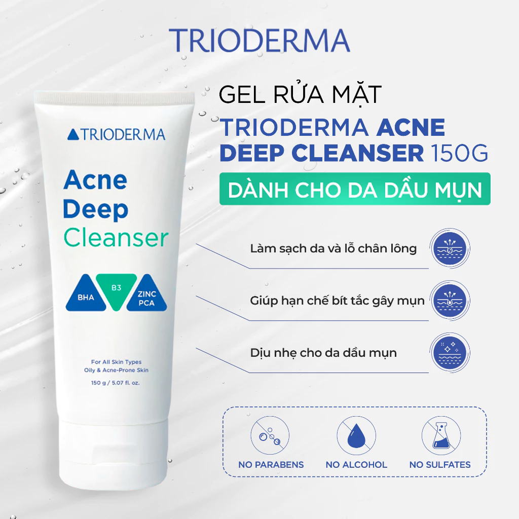 Sữa Rửa Mặt Trioderma Acne Deep Cleanser Sạch Sâu, Kiểm Soát Dầu Nhờn 150g