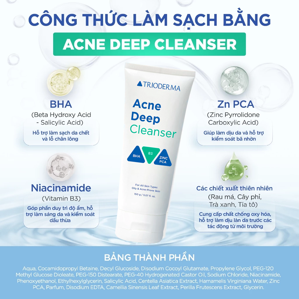 Sữa Rửa Mặt Trioderma Acne Deep Cleanser Sạch Sâu, Kiểm Soát Dầu Nhờn 150g