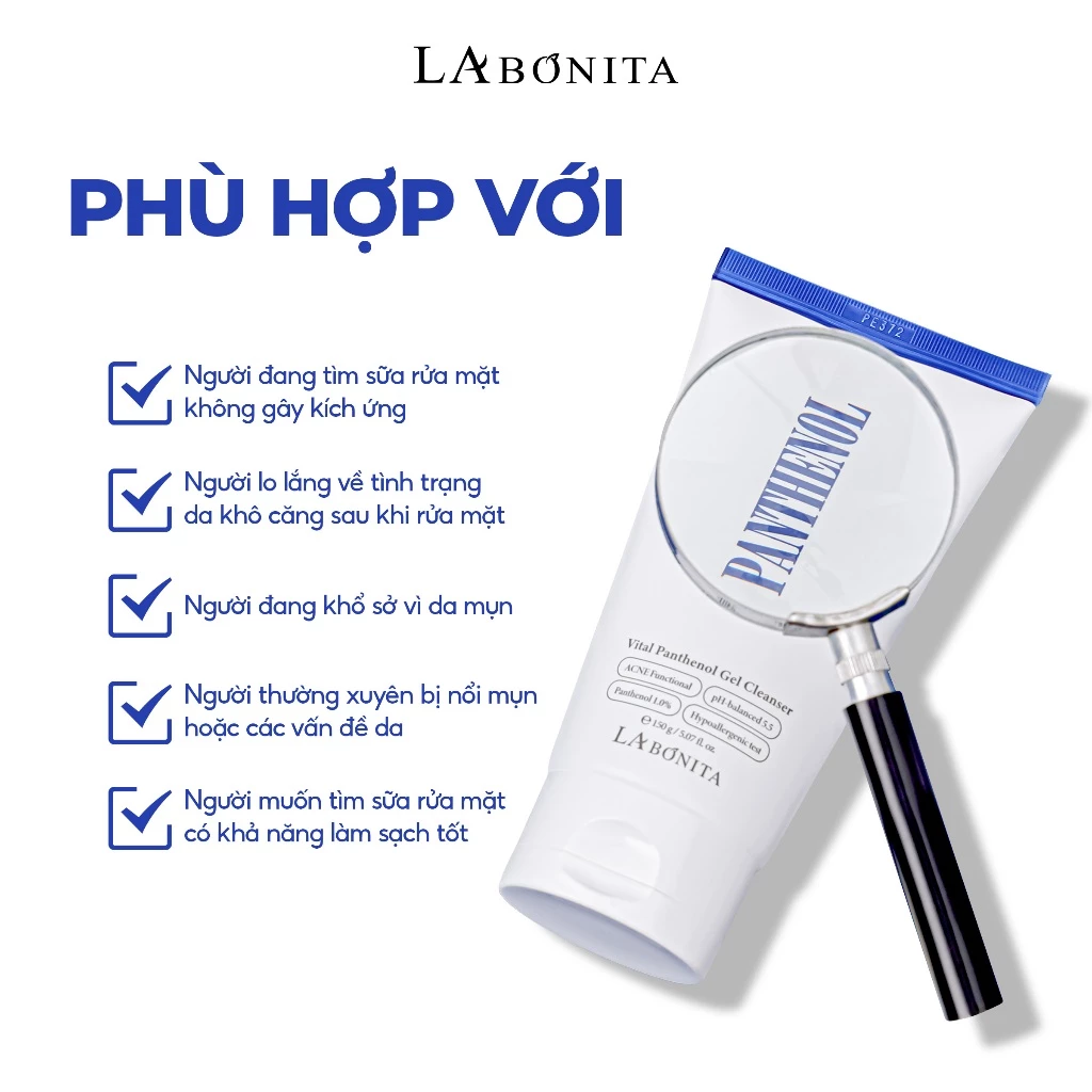 Sữa Rửa Mặt La Bonita Vital Panthenol Gel Cleanser Dành Cho Da Mụn, Nhảy Cảm 50g