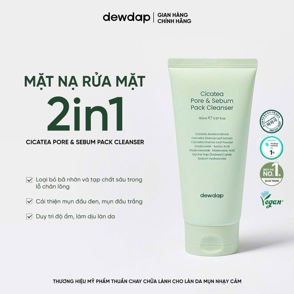 Sữa Rửa Mặt 2 In 1 Dewdap Cicatea Pore & Sebum Pack Cleanser Làm Sạch Sâu Cho Da Mụn, Nhạy Cảm 150ml