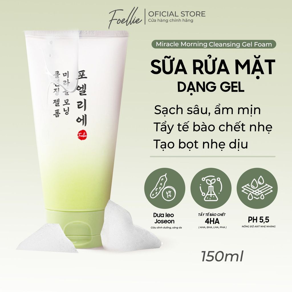 Gel Rửa Mặt Foellie Miracle Morning Cleansing Gel Foam Dưỡng Ẩm, Giúp Da Mịn Màng 150ml