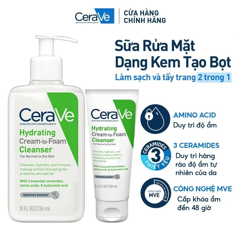 Sữa Rửa Mặt Cerave Hydrating Cream-to-Foam Cleanser Dạng Kem Tạo Bọt Làm Sạch Và Tẩy Trang 2in1 236ml