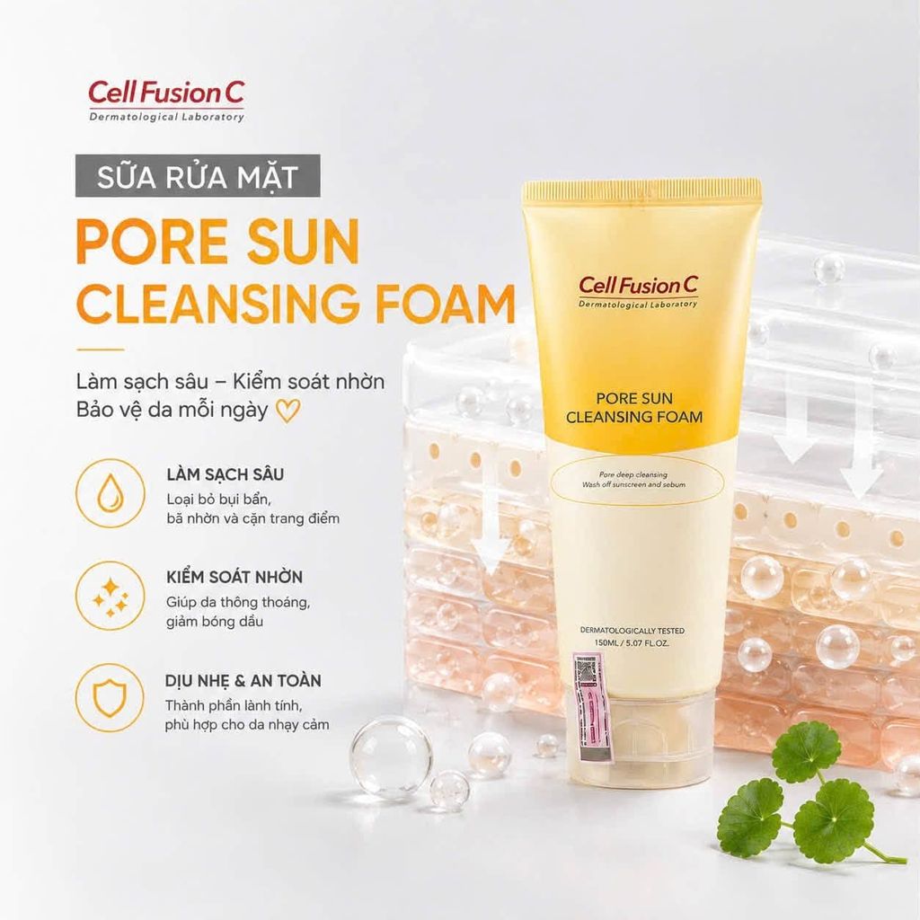 Sữa Rửa Mặt Cell Fusion C Pore Sun Cleansing Foam Dưỡng Sáng Da, Giảm Mụn Đầu Đen 150ml