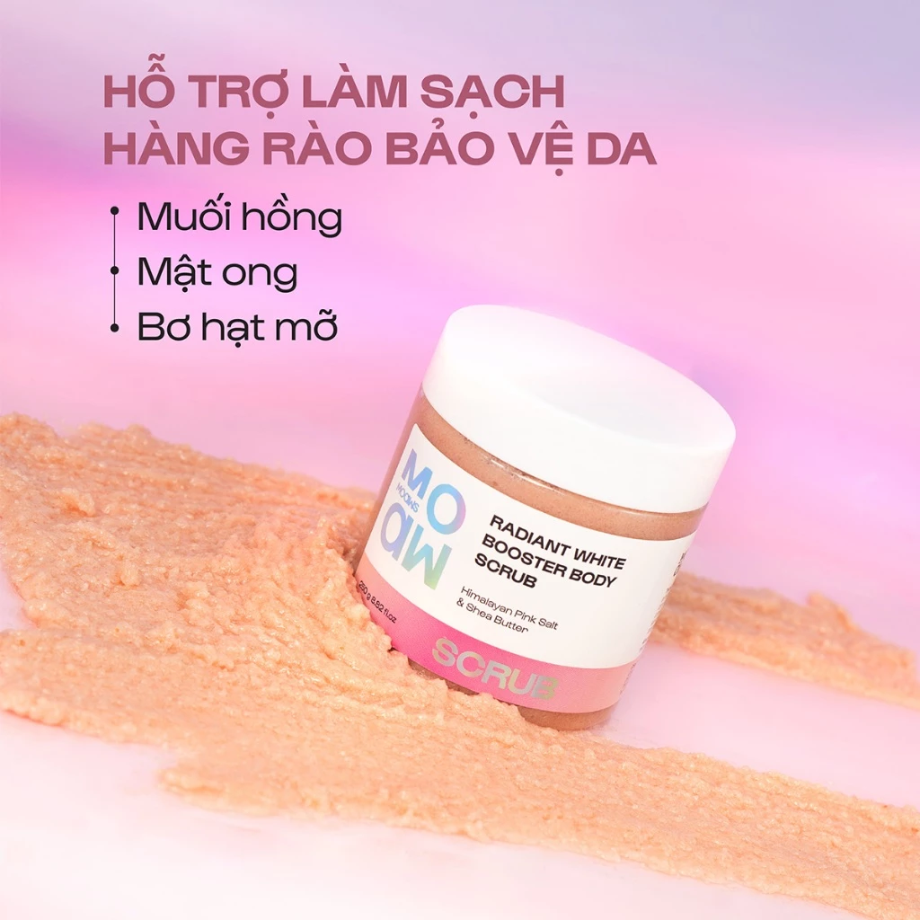 Tẩy Tế Bào Chết Toàn Thân Moaw Moaws Radiant White Booster Body Scrub Muối Hồng Sáng Da 250g