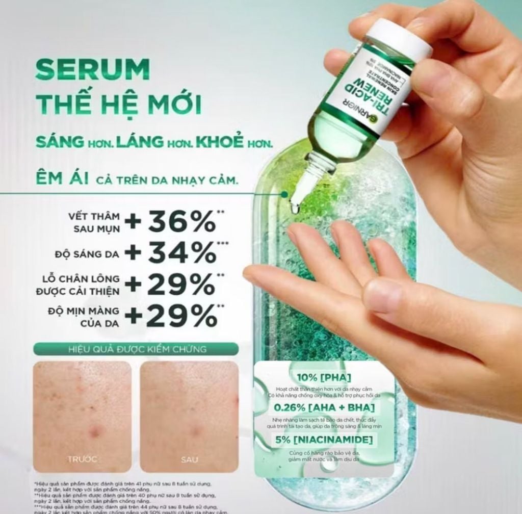 Tinh Chất Garnier Tri-Acid Renew Skin Renewal Concentrate Serum Giúp Cải Thiện Tông Da Dưỡng Sáng, Mịn Màng 20ml