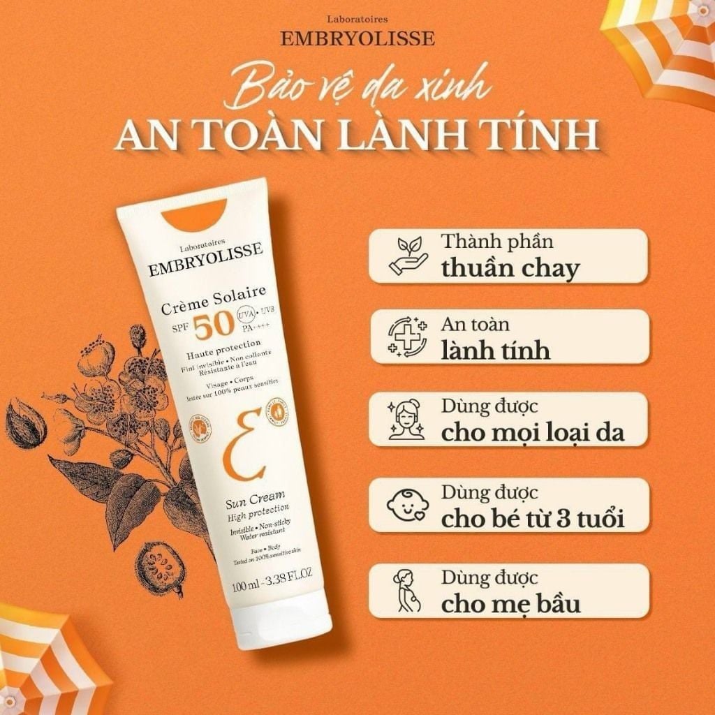 Kem Chống Nắng Embryolisse Crème Solaire SPF50 PA++++ Chống UV Phổ Rộng 100ml
