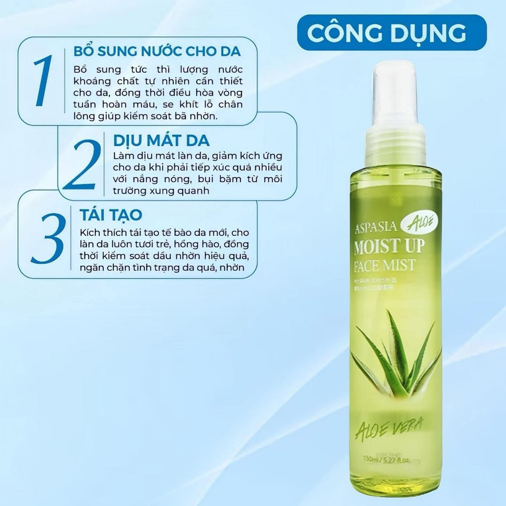 Xịt Khoáng Aspasia Moist Up Face Mist Aloe Vera Cấp Ẩm, Làm Dịu Da 150ml