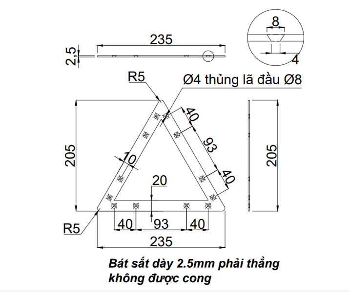 Pat (bas) sắt tam giác, sơn đen mờ Vinahardware - VNH22025205B