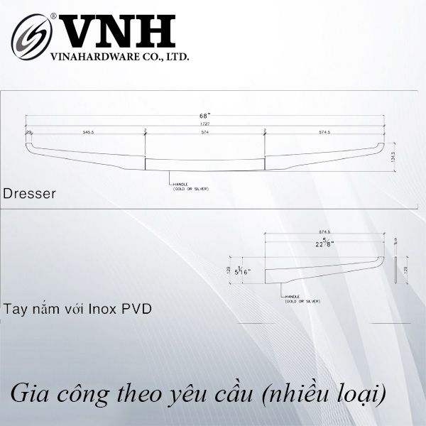Tay nắm dài 1727x134.5mm, inox304, xi mạ PVD -VNH17271345-VNH17271345