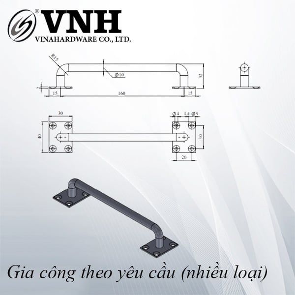 Tay nắm cửa U, sắt sơn đen mờ - VNH1602