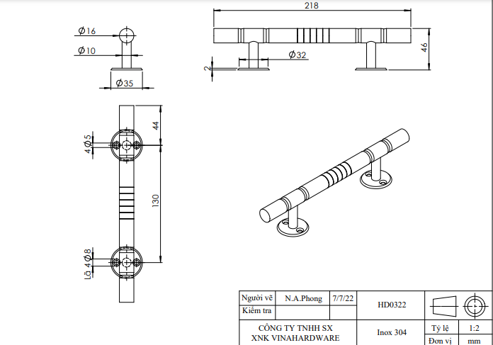 Tay nắm cửa inox kiểu Nosovom - HD0322