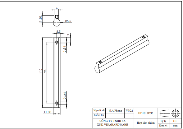 Tay nắm tủ dài, loại PE, hai đầu tròn-HD1017D160