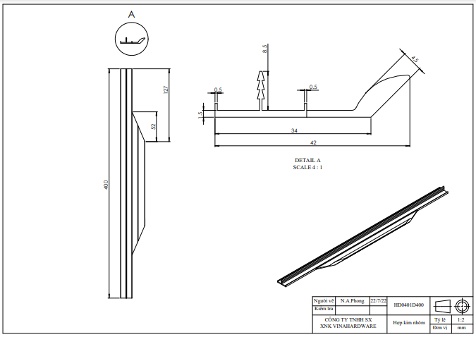 Tay nắm hợp kim nhôm nhẹ, màu đen Vinahardware -HD0401D800