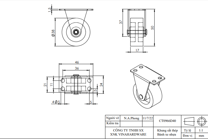 Bánh xe tủ một chiều đường kính 40mm màu vàng Vinahardware - CT0966D40