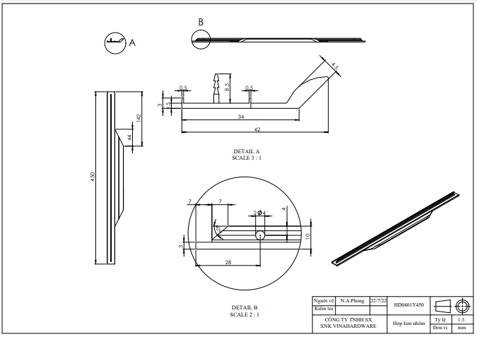 Tay nắm hợp kim nhôm nhẹ, màu vàng đồng Vinahardware -HD0401Y2400