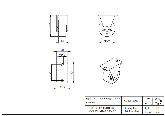 Bánh xe tủ một chiều, màu trắng Vinahardware - CT09966D30T