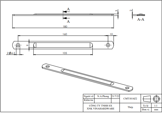 Thanh la sắt bảy màu dài 180mm, bản 14mm, dày 2mm, đường kính lỗ 6.2mm, dập gân nỗi CMT1814Z2-CMT1814Z2