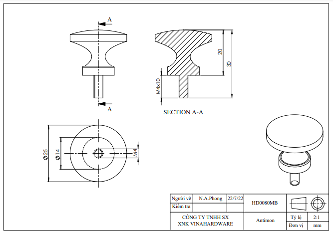 Tay nắm tròn màu giả cổ 25x20x15mm có bulon 10mm Vinahardware - HD0080MB