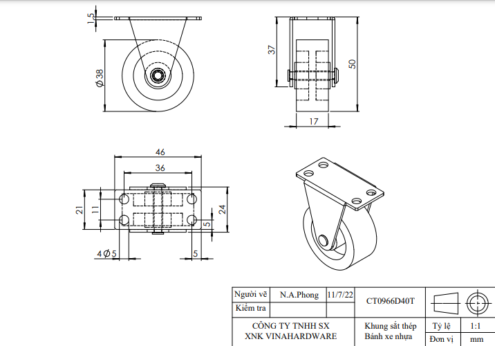 Bánh xe tủ một chiều, màu trắng Vinahardware - CT09966D30T