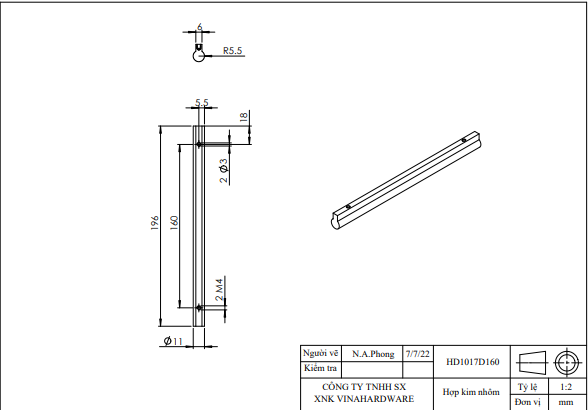 Tay nắm tủ dài, loại PE, hai đầu tròn-HD1017D160