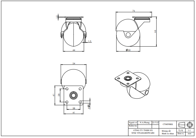 Bánh xe cầu tròn, loại đế vuông, không khóa, màu trắng Vinahardware - CT6040KK