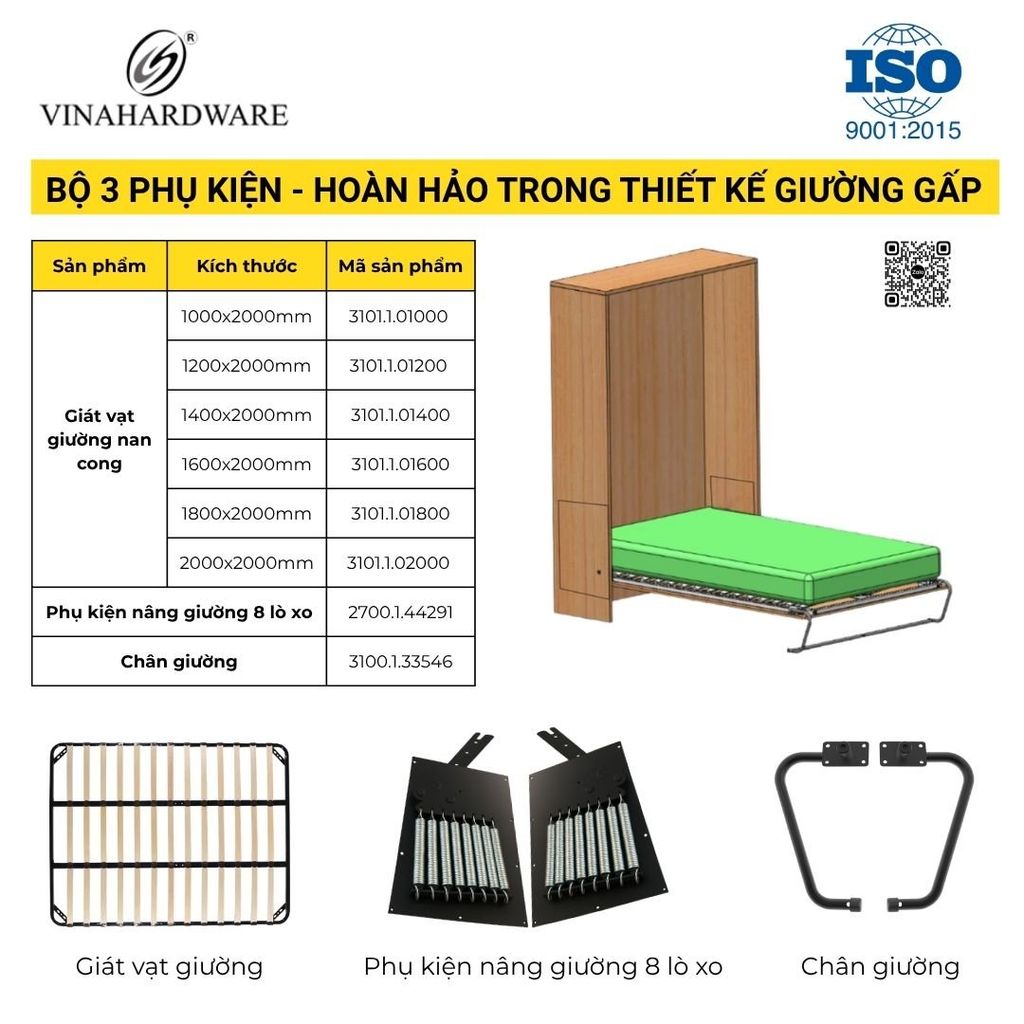 Bộ Phụ Kiện Tay Nâng Giường Âm Tủ 8 Lò Xo Vinahardware 2700.1.44291