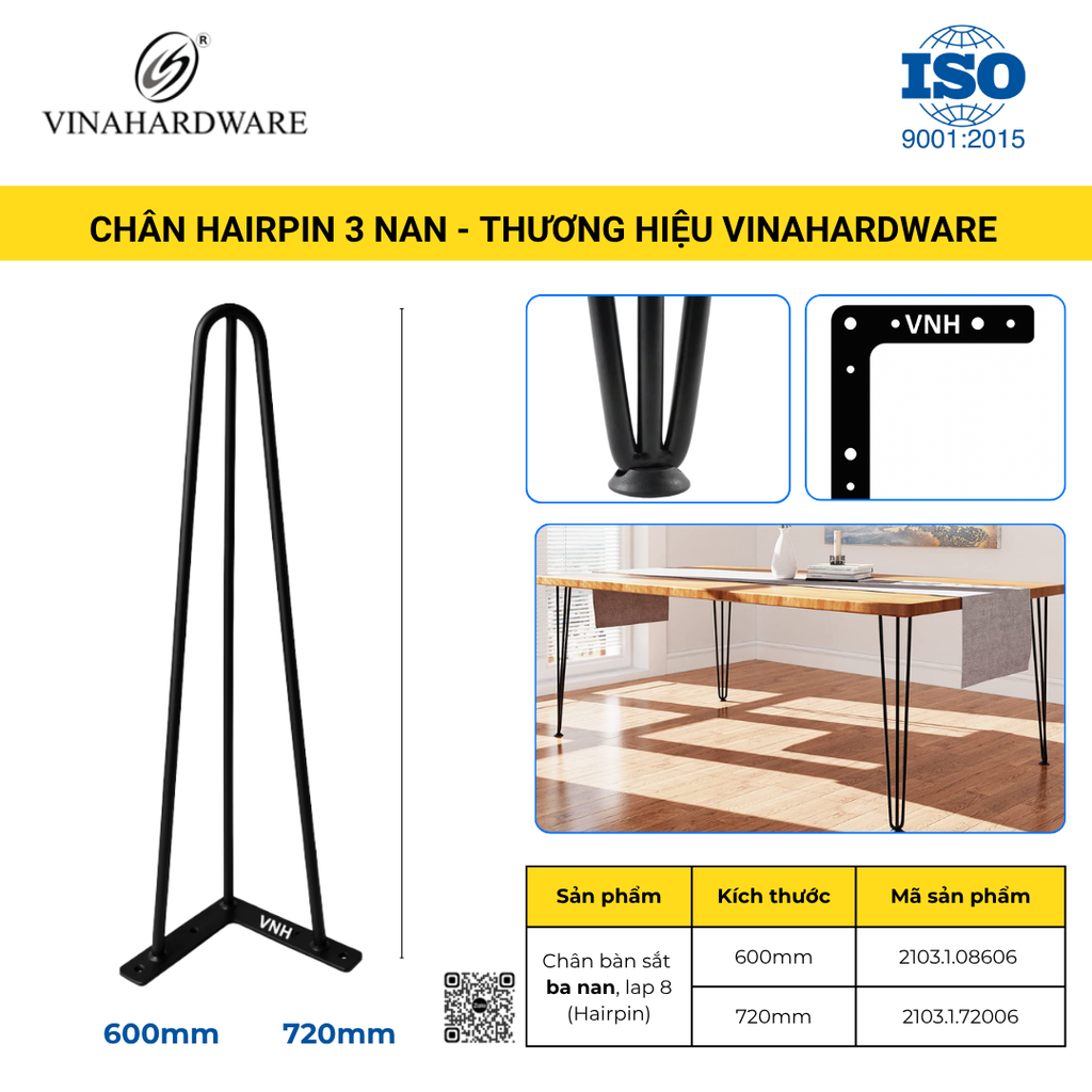 Chân bàn ghế sắt 3 nan - Chân hairpin – Mã 2103.1.08606  | Vinahardware