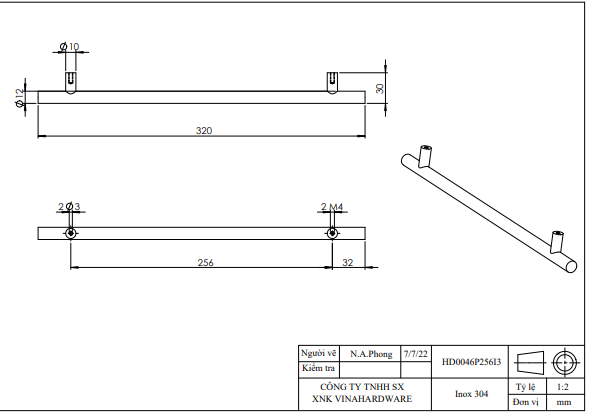 Tay nắm đũa Ivan phi 12, inox 304 - loại nhẹ Ivan-HD0046P96I3