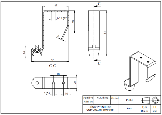 Pat (bas) móc quần áo inox 304 không rỉ VNH P1363