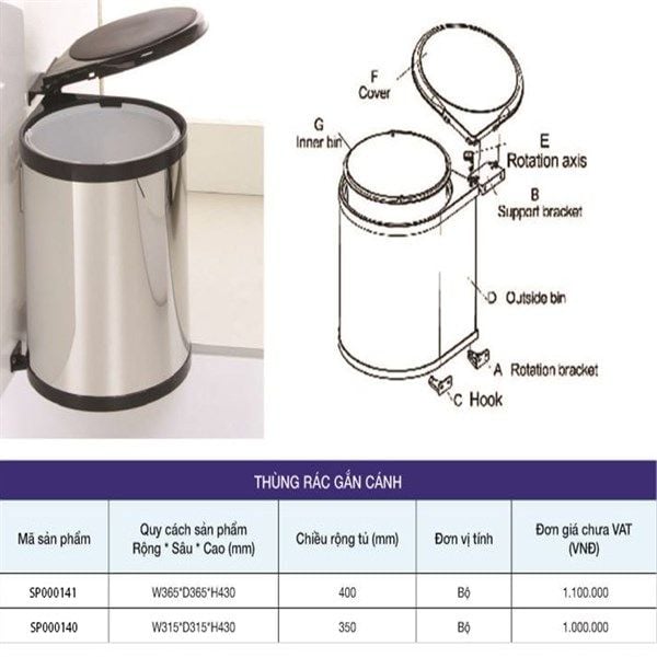 Thùng đựng rác gắn vào cánh tủ VNH000141