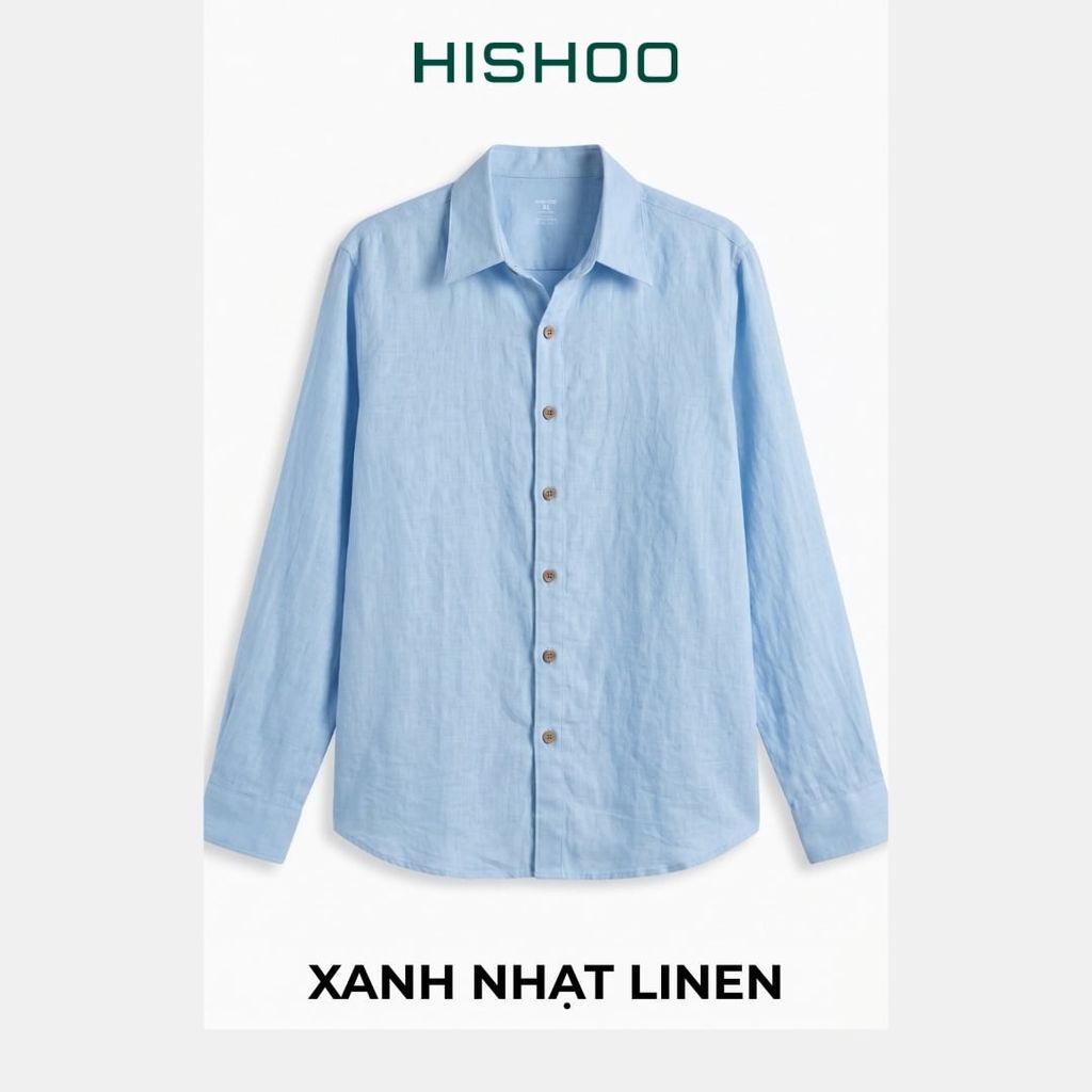 Áo Sơ Mi Rêu Nút Gỗ Nam Tay Dài Relax Form Rộng, Cổ Thường, Lai Ngang Linen Solene Vải Mềm Mát HISHOO A2T003