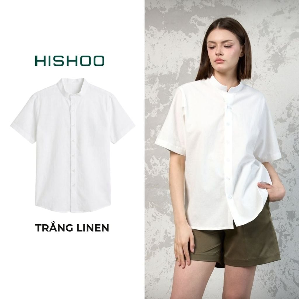 Áo Sơ Mi Nữ Relax Form Rộng, Cổ Tàu Vuông, Lai Ngang Linen Solene Vải Mềm Mát HISHOO A1G002