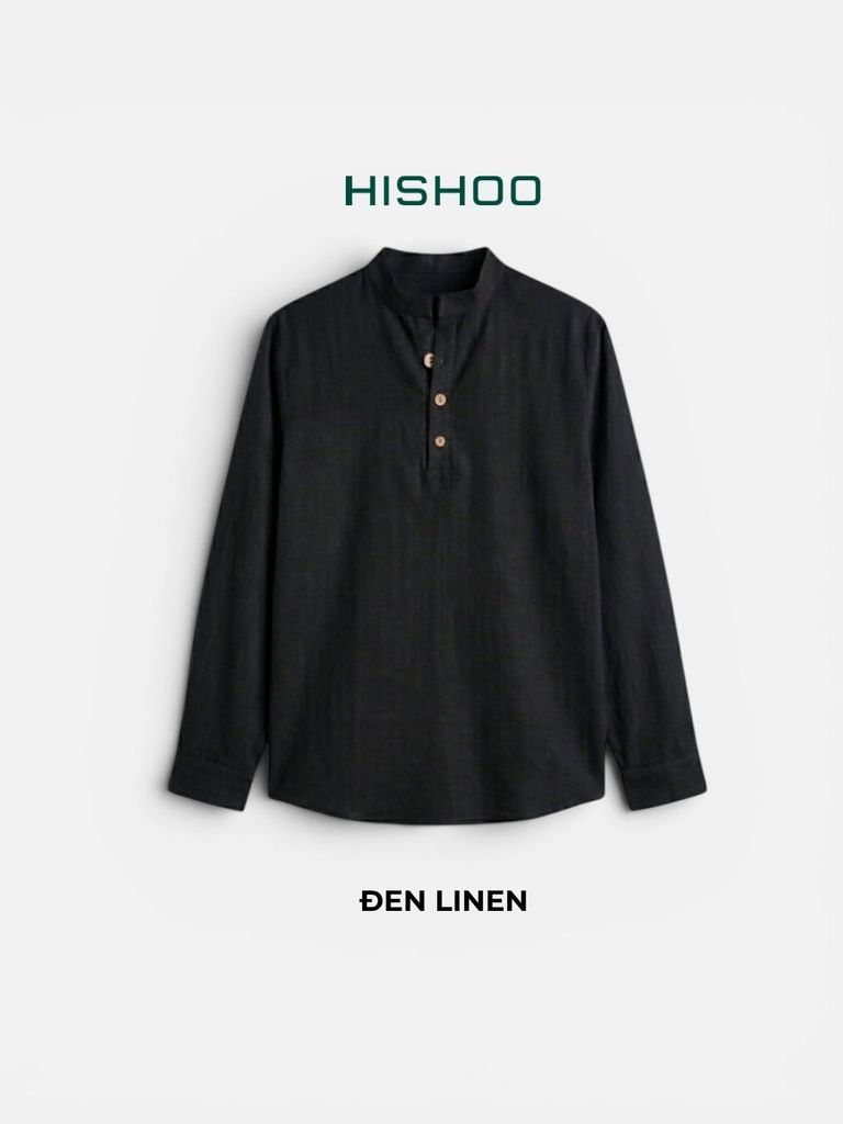 Áo Sơ Mi Nữ Nút Gỗ Tay Dài Relax Form Rộng, Cổ Polo Tàu Vuông, Xẻ V Linen Solene Vải Mềm Mát HISHOO A3G002
