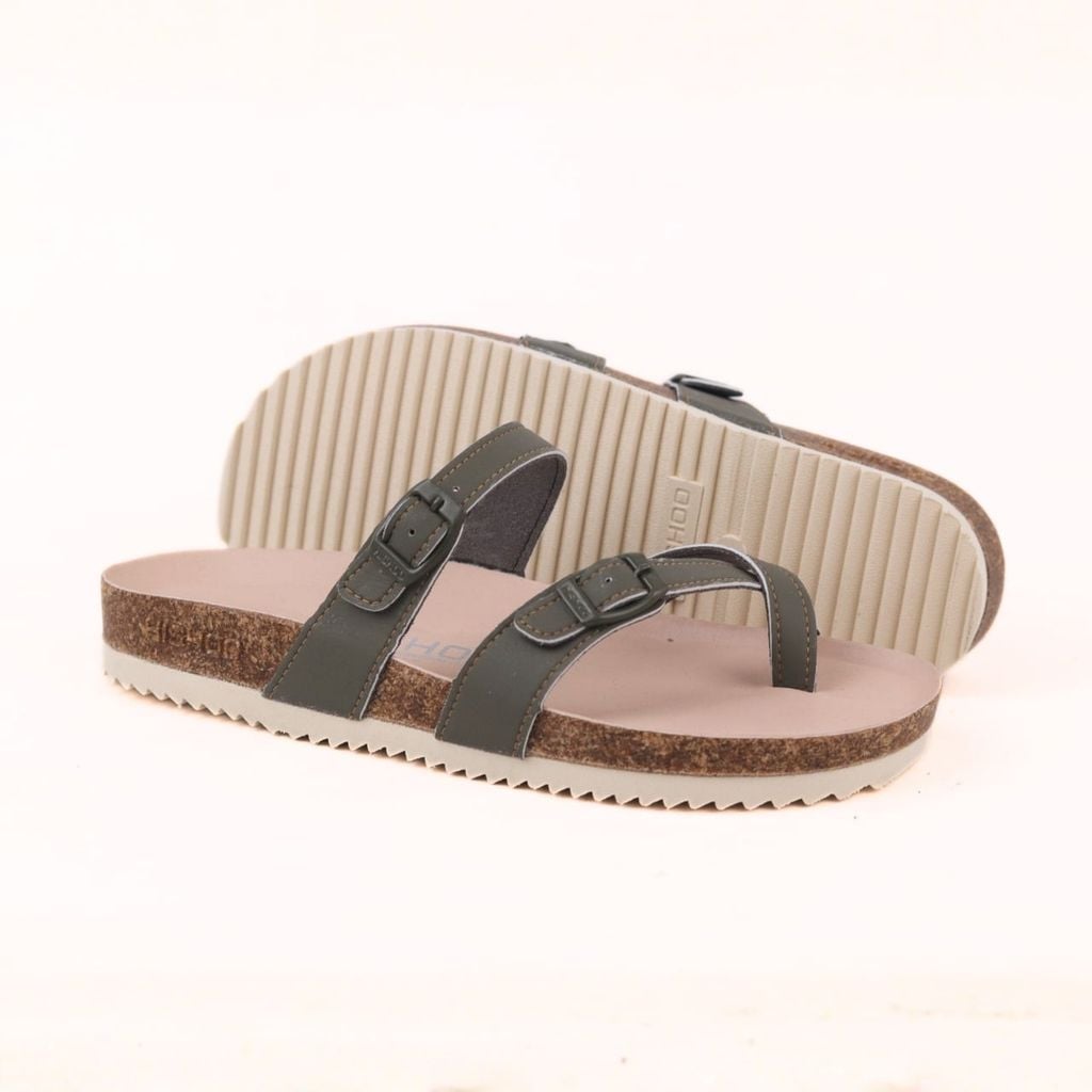 Dép đế trấu birken Xỏ Ngón Xanh Olive Da Trơn Premium HISHOO B098