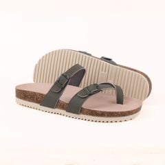 Dép đế trấu birken Xỏ Ngón Xanh Olive Da Trơn Premium HISHOO B098