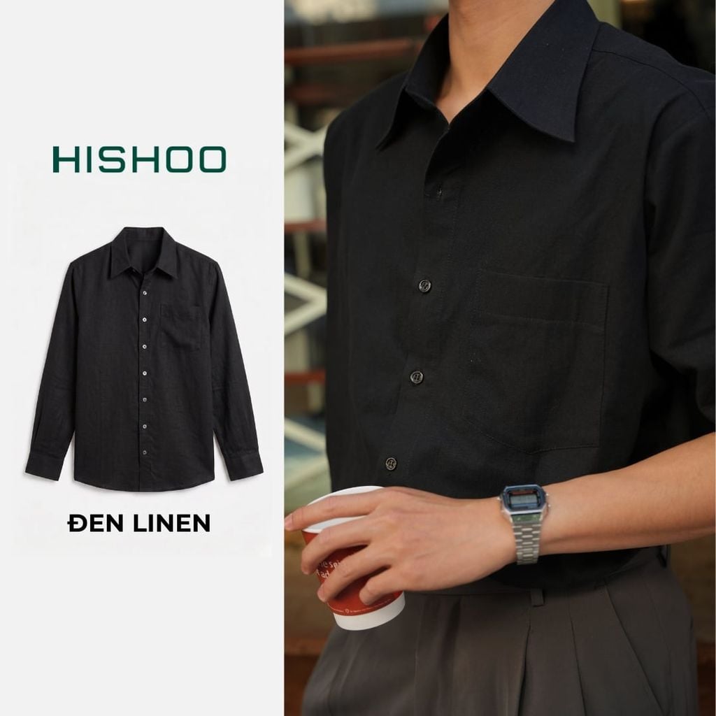 Áo Sơ Mi Nam Tay Dài Relax Form Rộng, Cổ Thường, Lai Ngang Linen Solene Vải Mềm Mát HISHOO A2T003