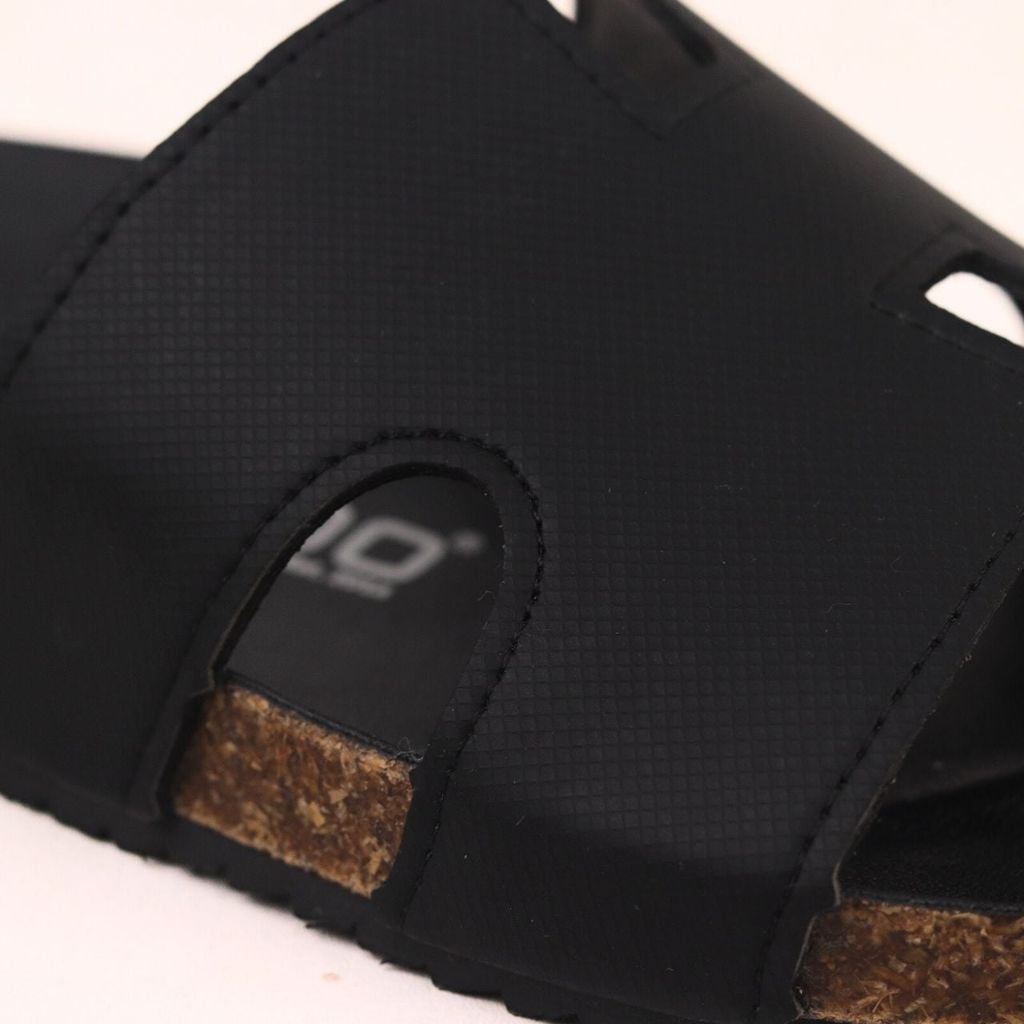 Dép đế trấu birken Chữ H MẶT ĐEN da SAFFIANO Hishoo M095