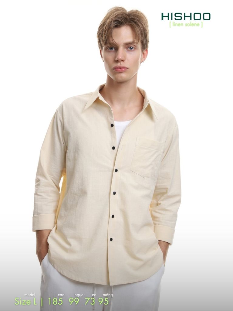 Áo Sơ Mi Nam Tay Dài Relax Form Rộng, Cổ Thường, Lai Ngang Linen Solene Vải Mềm Mát HISHOO A2T003