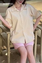 Áo Sơ Mi Kem Nữ Relax Form Rộng, Cổ Bác Sĩ, Lai Ngang Linen Solene Vải Mềm Mát HISHOO A1G004