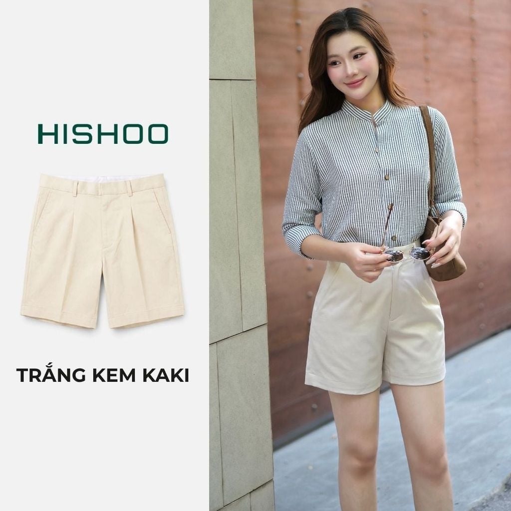 Quần kaki nữ lưng cao xếp li Hishoo short suông basic mặc đi chơi, đi làm HISHOO Q2G001