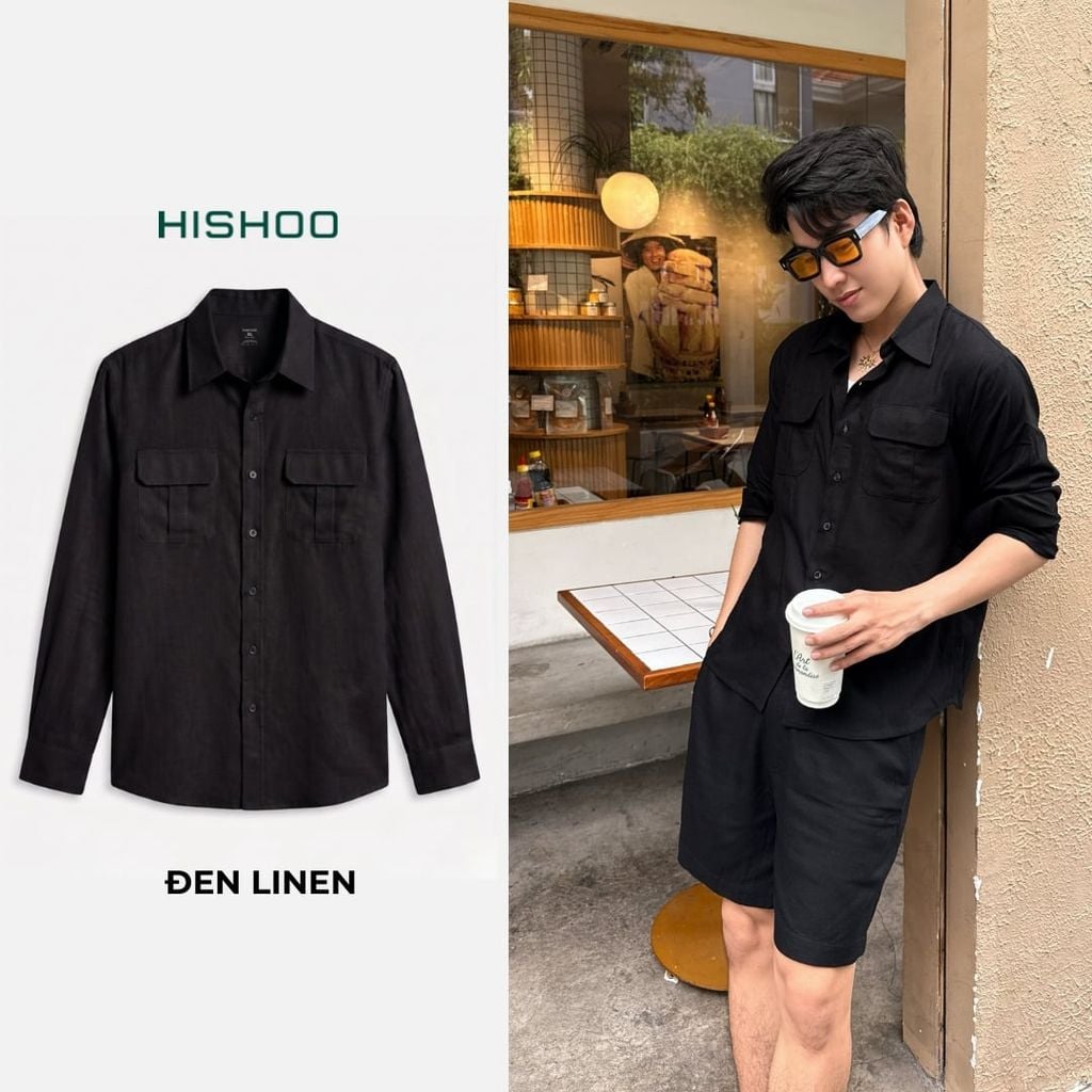 Áo Sơ Mi Nam 2 Túi Tay Dài  Relax Form Rộng, Cổ Thường, Lai Ngang Linen Solene Vải Mềm Mát HISHOO A2T005