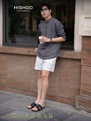 Áo Sơ Mi Nam Xám Chuột Tay Dài Relax Form Rộng, Cổ Polo Tàu Vuông, Xẻ V Linen Solene Vải Mềm Mát HISHOO A3T002