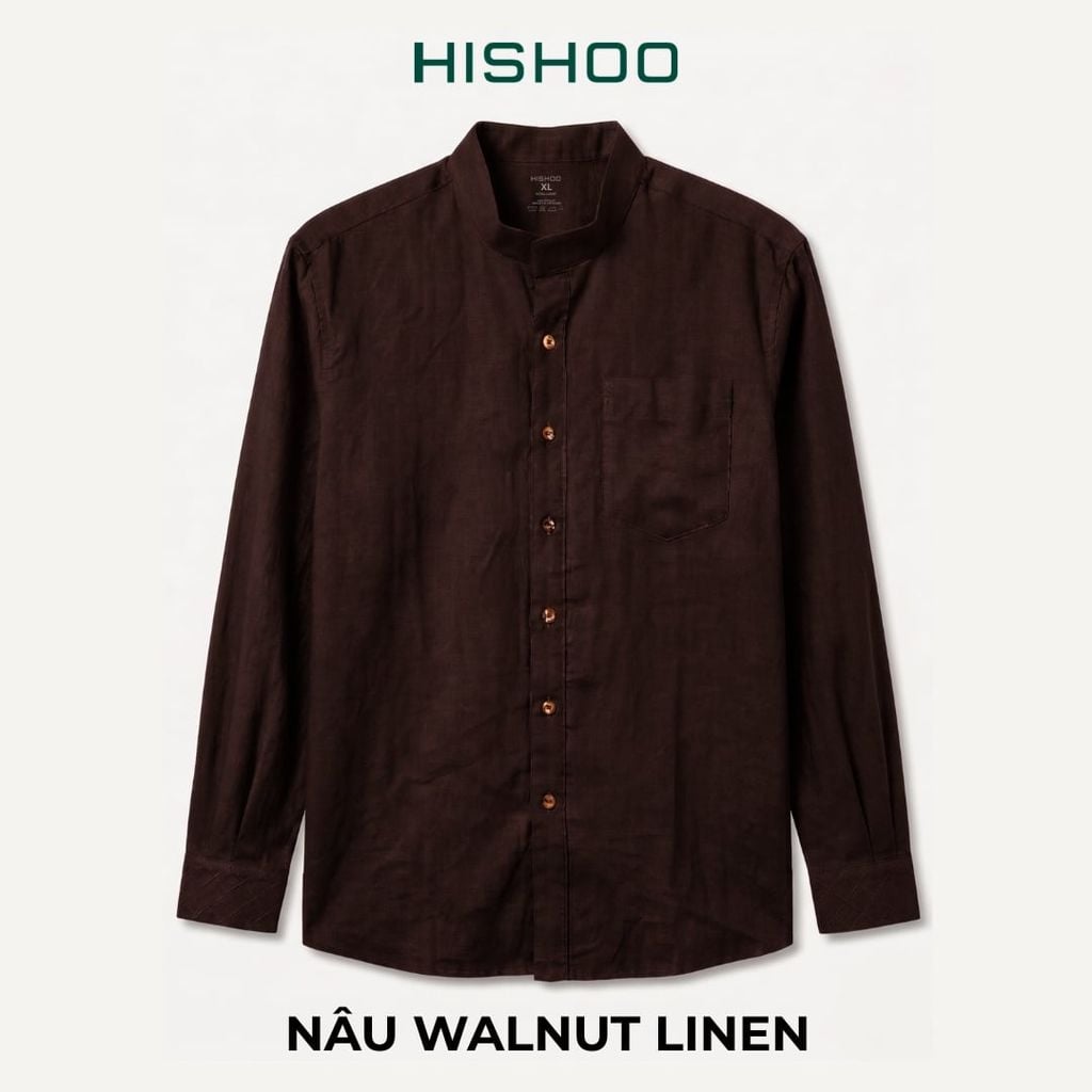 Áo Sơ Mi Nam Nút Gỗ Tay Dài Relax Form Rộng, Cổ Tàu Vuông, Lai Ngang Linen Solene Vải Mềm Mát HISHOO A2T002