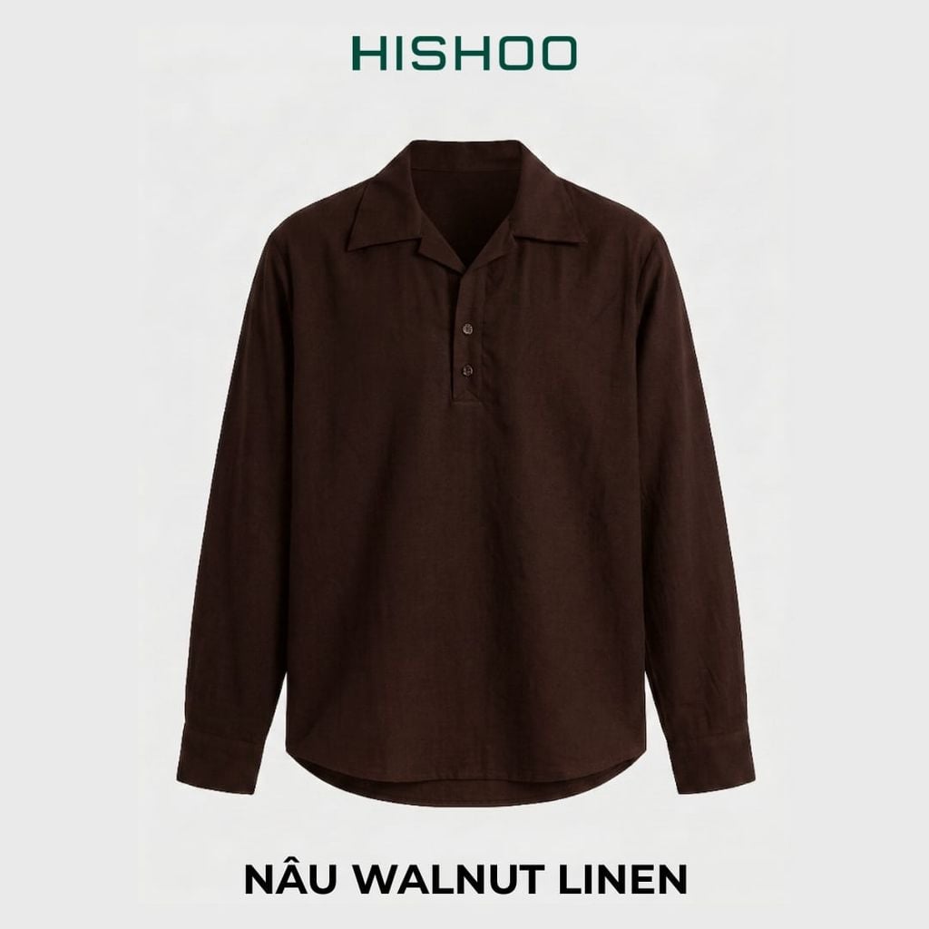 Áo Sơ Mi Nam Tay Dài Relax Form Rộng, Cổ Polo Danton, Xẻ V Linen Solene Vải Mềm Mát HISHOO A3T004