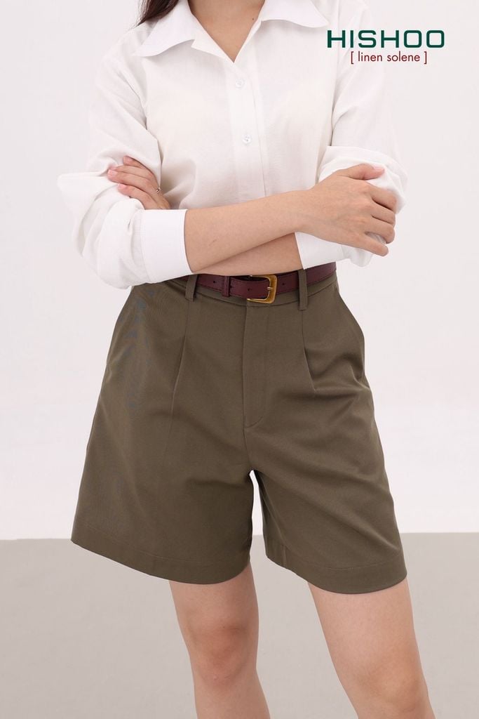 Quần kaki nữ lưng cao xếp li Hishoo short suông basic mặc đi chơi, đi làm HISHOO Q2G001