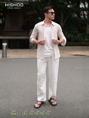 Áo Sơ Mi Trắng Sọc Nâu Nút Gỗ Tay Dài Nam Relax Form Rộng, Cổ Thường, Lai Ngang Linen Solene Vải Mềm Mát HISHOO A2T003